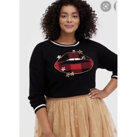 NWT Torrid Christmas Sweater Plaid Plump Lips Gold Sequin Stars Pullo Size 1X - Picture 1 of 7